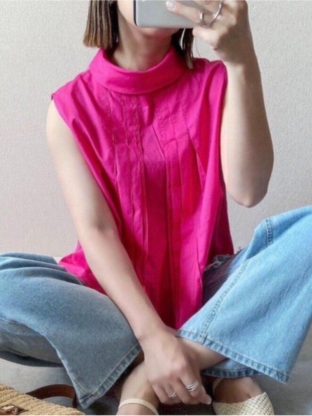 Marni x Uniqlo Sleeveless Pleated Mock Neck Top in Hot Pink size XS